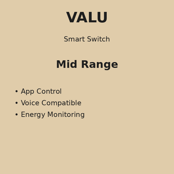 Smart Switch Mid Range: App control, voice compatible, energy monitoring.